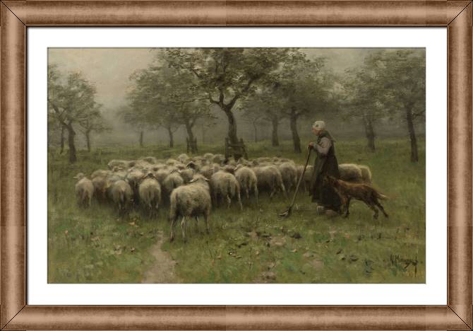 Купить и печать на заказ Картины в рамке, багете Пастушка с стадом овец