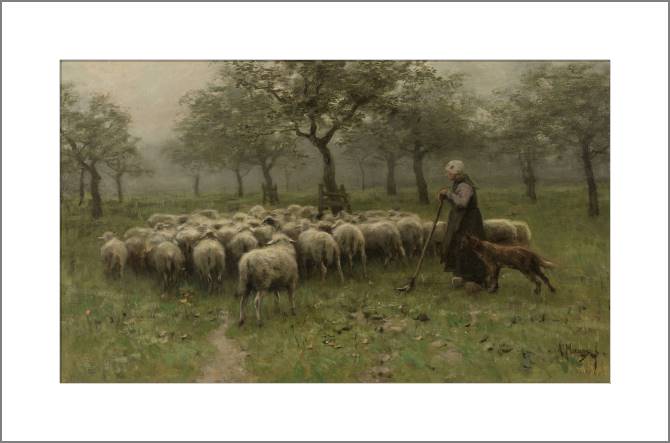 Купить и печать на заказ Картины, фото с паспарту Пастушка с стадом овец