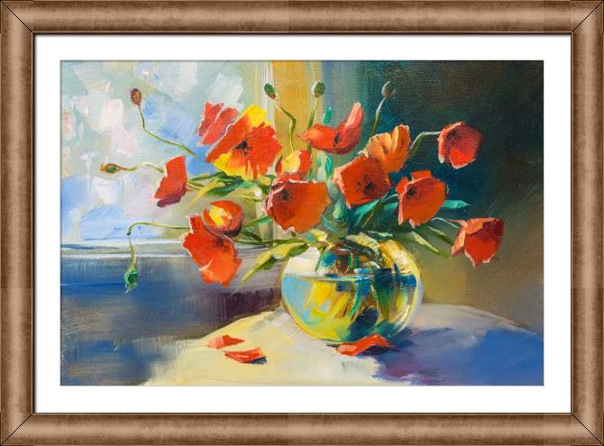 Купить и печать на заказ Картины в рамке, багете Алые маки в вазе