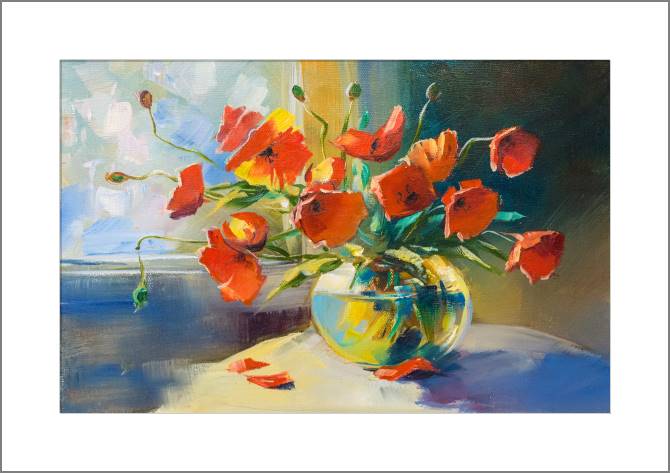 Купить и печать на заказ Картины, фото с паспарту Алые маки в вазе