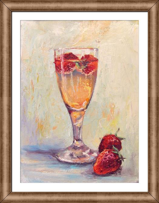 Купить и печать на заказ Картины в рамке, багете Бокал шампанского с клубникой