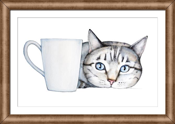 Купить и печать на заказ Картины в рамке, багете Котик с голубыми глазами акварель