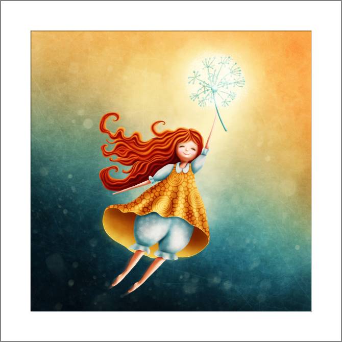 Купить и печать на заказ Картины, фото с паспарту Маленькая фея с одуванчиком