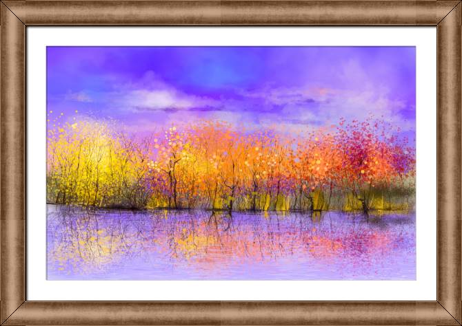 Купить и печать на заказ Картины в рамке, багете Осенний лес фиолетовый фон