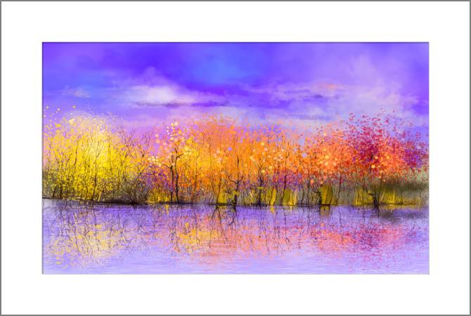 Купить и печать на заказ Картины, фото с паспарту Осенний лес фиолетовый фон