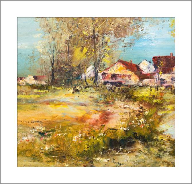 Купить и печать на заказ Картины, фото с паспарту Пейзаж с деревней