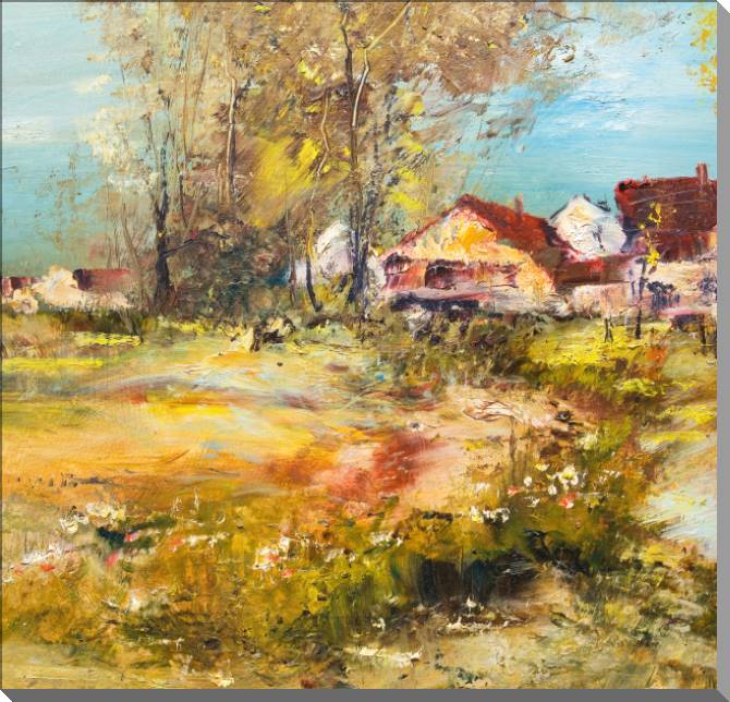 Картины на пластике, пеноркартоне Landscape with a village