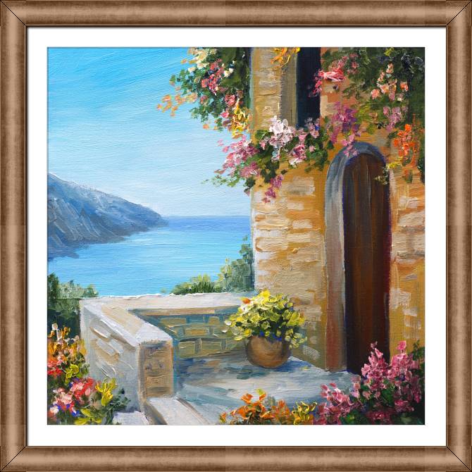 Купить и печать на заказ Картины в рамке, багете Домик у моря летний пейзаж