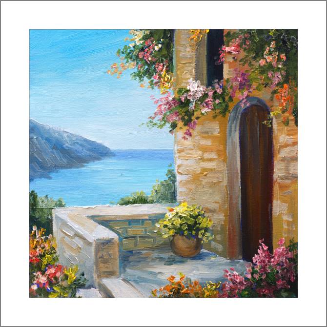 Купить и печать на заказ Картины, фото с паспарту Домик у моря летний пейзаж