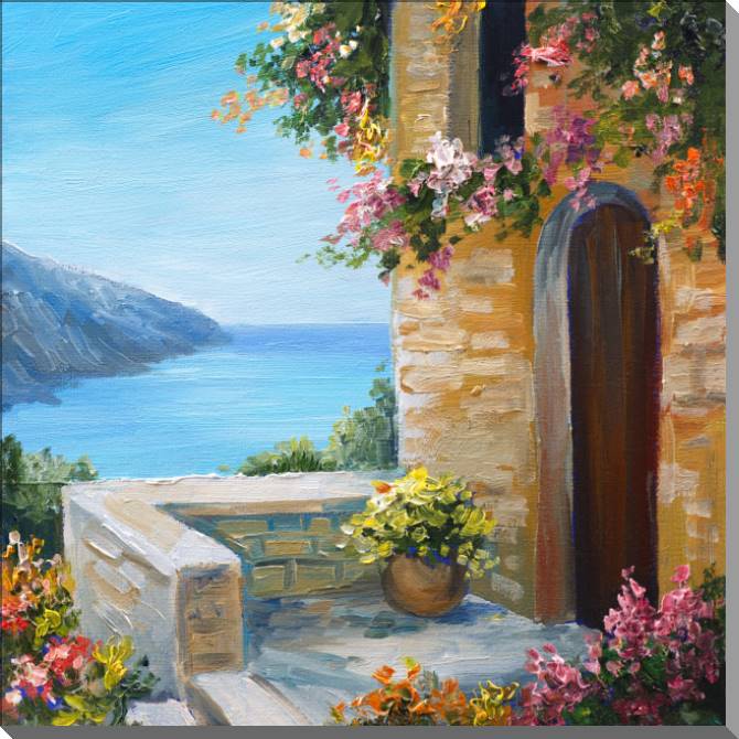 Картины на пластике, пеноркартоне Cottage by the sea summer landscape