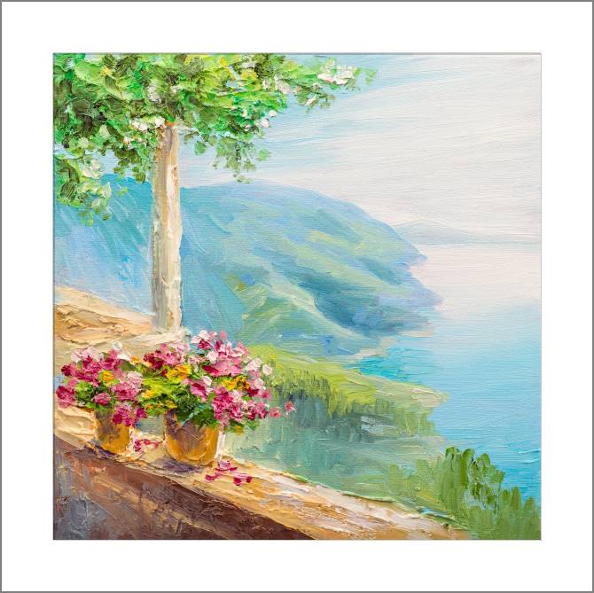 Купить и печать на заказ Картины, фото с паспарту Морской пейзаж с цветами