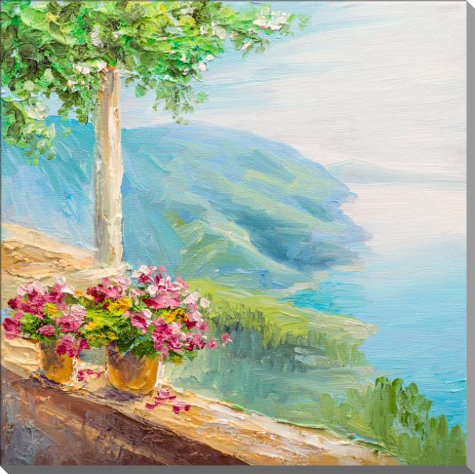 Картины на пластике, пеноркартоне Sea landscape with flowers