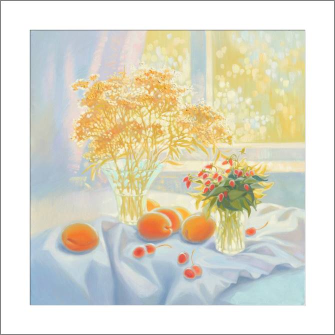 Купить и печать на заказ Картины, фото с паспарту Натюрморт с абрикосами и клубникой