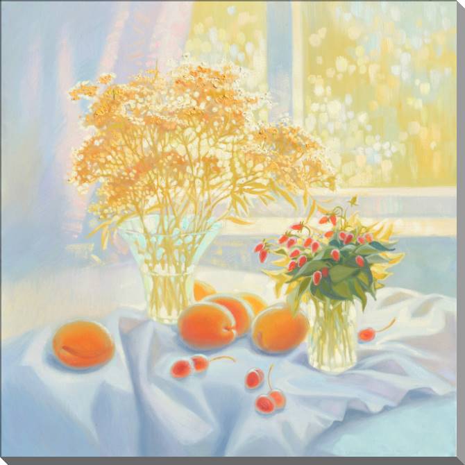 Картины на пластике, пеноркартоне Still life with apricots and strawberries