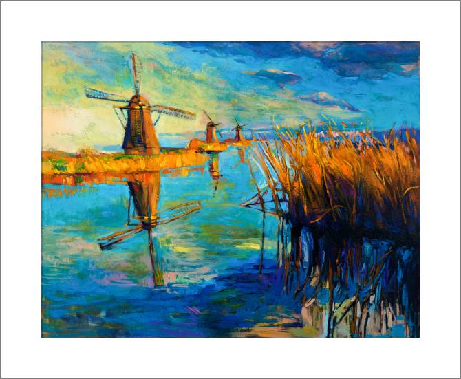 Купить и печать на заказ Картины, фото с паспарту Мельницы на берегу реки