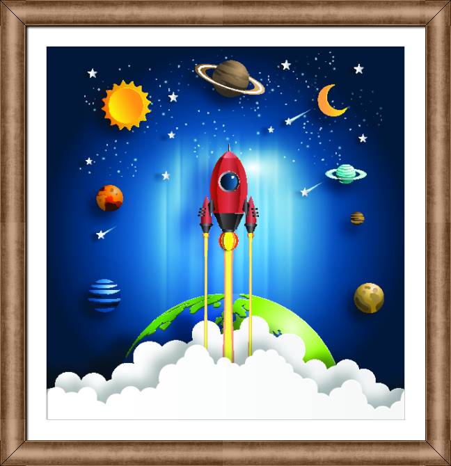 Купить и печать на заказ Картины в рамке, багете Ракета и планеты
