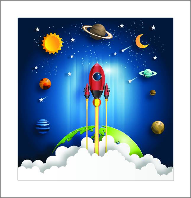 Купить и печать на заказ Картины, фото с паспарту Ракета и планеты