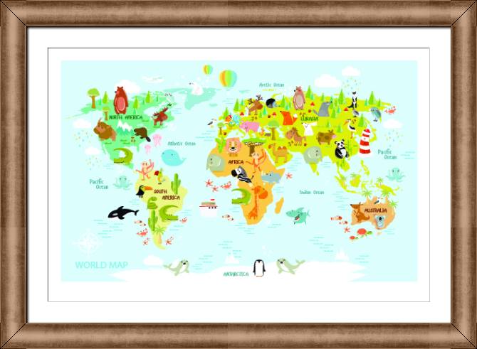 Купить и печать на заказ Картины в рамке, багете Карта животного мира