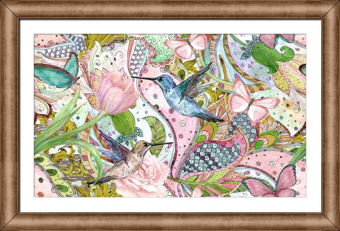 Купить и печать на заказ Картины в рамке, багете Розовая композиция с колибри
