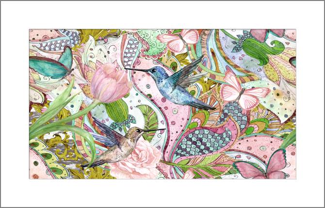 Купить и печать на заказ Картины, фото с паспарту Розовая композиция с колибри