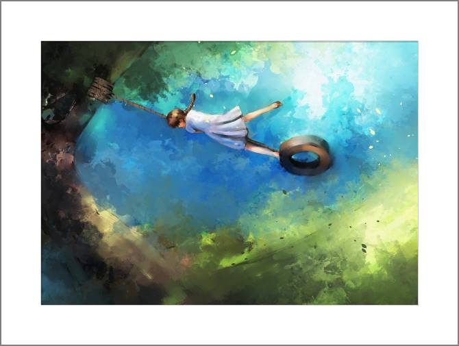 Купить и печать на заказ Картины, фото с паспарту Девочка на качелях