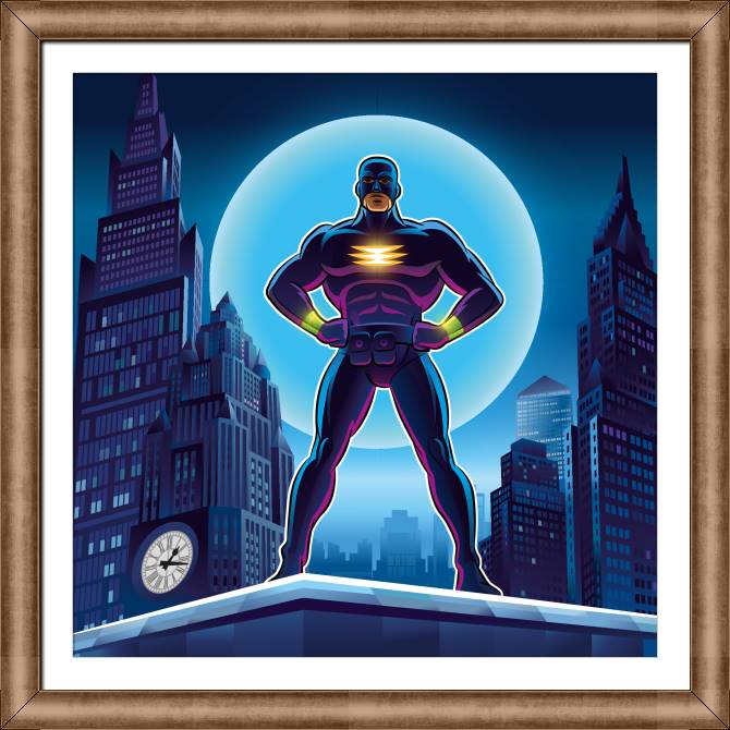 Купить и печать на заказ Картины в рамке, багете Супергерой на фоне города