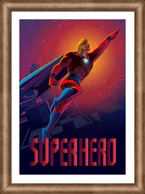Купить и печать на заказ Картины в рамке, багете Супергерой в полете