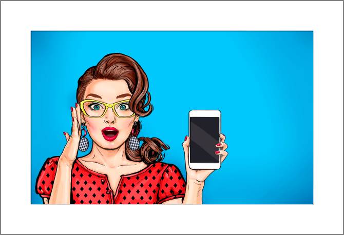 Купить и печать на заказ Картины, фото с паспарту Девушка со смартфоном поп-арт