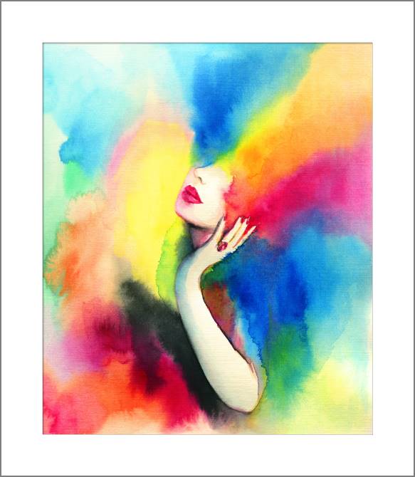 Купить и печать на заказ Картины, фото с паспарту Девушка на цветном акварельном фоне