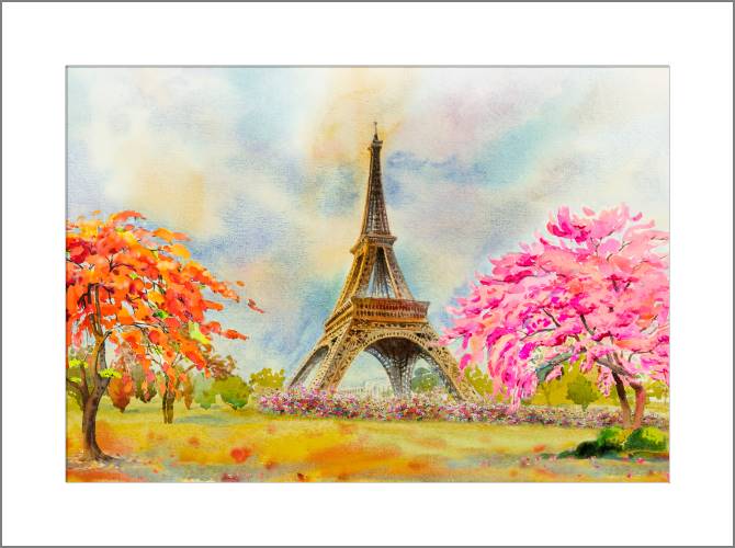 Купить и печать на заказ Картины, фото с паспарту Париж акварелью