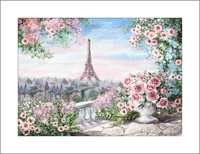 Купить и печать на заказ Картины, фото с паспарту Эйфелева башня и розы