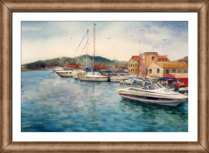Купить и печать на заказ Картины в рамке, багете Лодки на фоне моря акварель