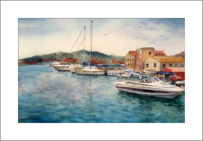 Картины, фото с паспарту Boats on the sea watercolour