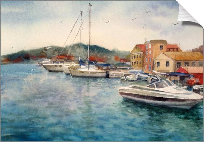 Купить и печать на заказ Картины на холсте Лодки на фоне моря акварель