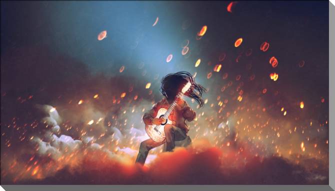 Paintings on plastic, foam cardboard Art guitarist