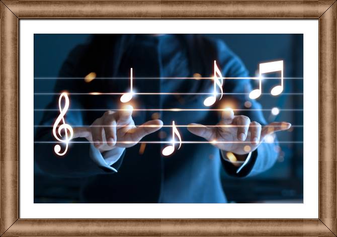 Купить и печать на заказ Картины в рамке, багете Нотный стан и руки