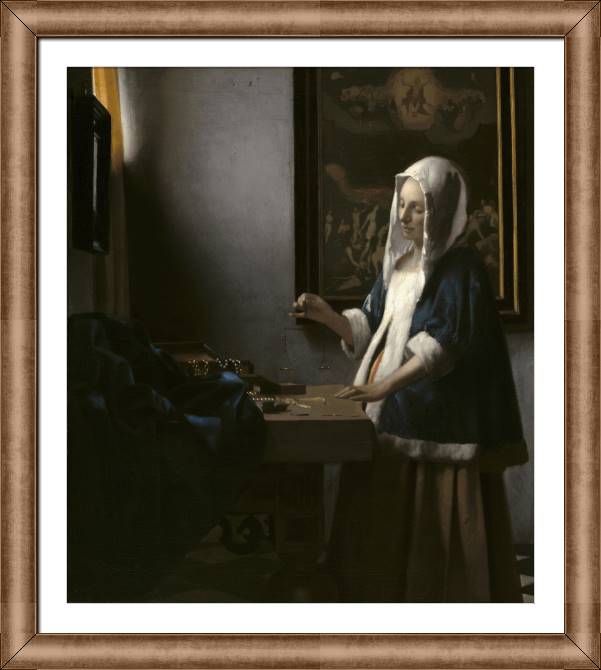 Купить и печать на заказ Картины в рамке, багете Женщина, держащая весы