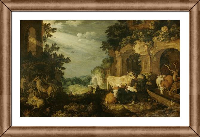 Купить и печать на заказ Картины в рамке, багете Пейзаж с руинами, скотом и оленем