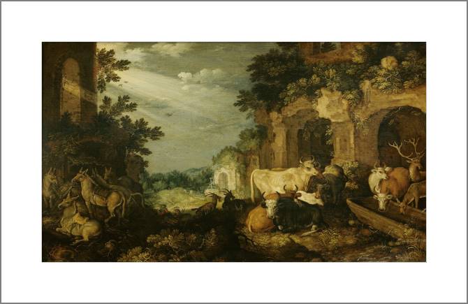 Купить и печать на заказ Картины, фото с паспарту Пейзаж с руинами, скотом и оленем