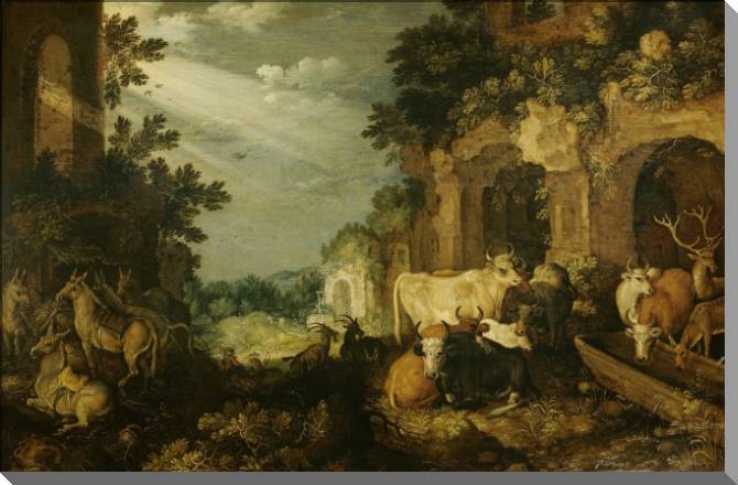 Картины на пластике, пеноркартоне Landscape with ruins, cattle and deer