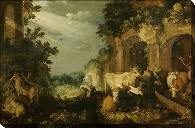 Картины на холсте Landscape with ruins, cattle and deer