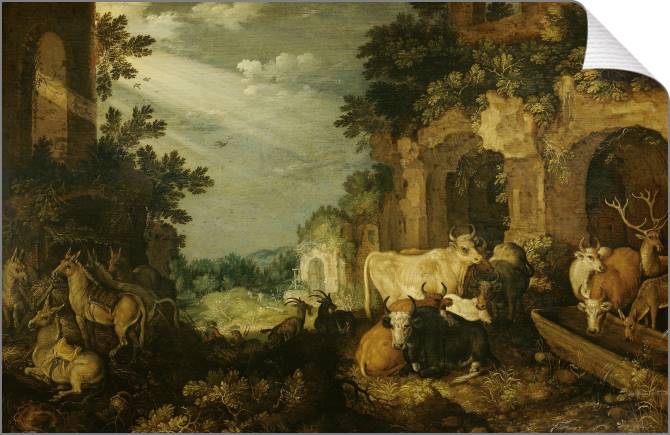 Купить и печать на заказ Картины на холсте Пейзаж с руинами, скотом и оленем