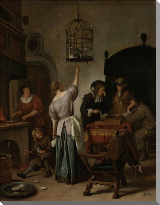 Картины на пластике, пеноркартоне Interior with a woman feeding a parrot (Jan Steen)