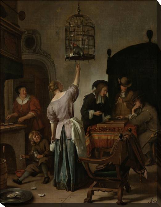 Картины на холсте Interior with a woman feeding a parrot (Jan Steen)