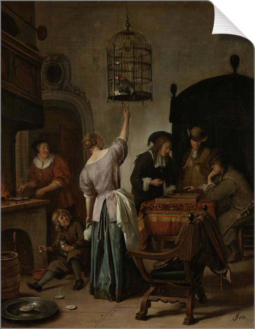 Paintings on canvas Interior with a woman feeding a parrot (Jan Steen)