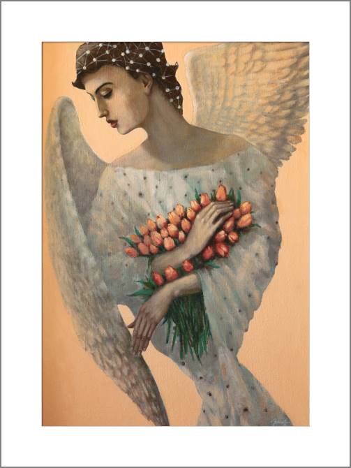 Купить и печать на заказ Картины, фото с паспарту Ангел с букетом