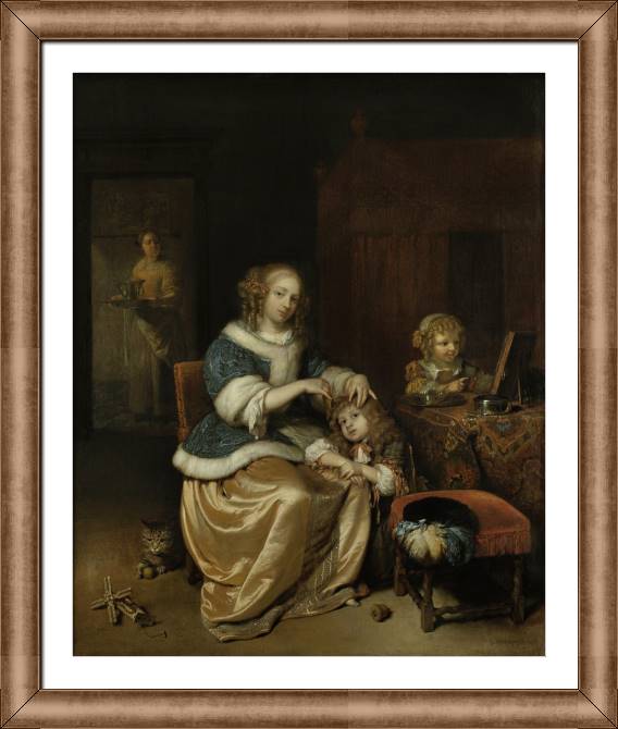 Купить и печать на заказ Картины в рамке, багете Интерьер с матерью, расчесывающей волосы ребенка (Каспар Нетшер)