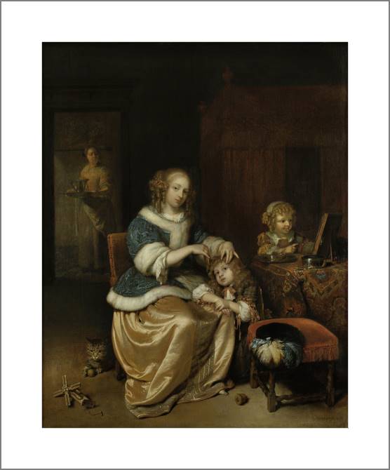 Купить и печать на заказ Картины, фото с паспарту Интерьер с матерью, расчесывающей волосы ребенка (Каспар Нетшер)