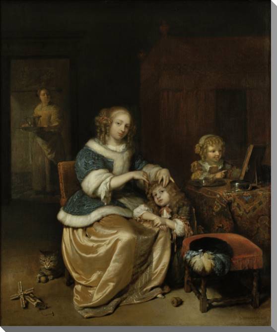 Картины на пластике, пеноркартоне Interior with a mother combing child's hair (Caspar Netscher)