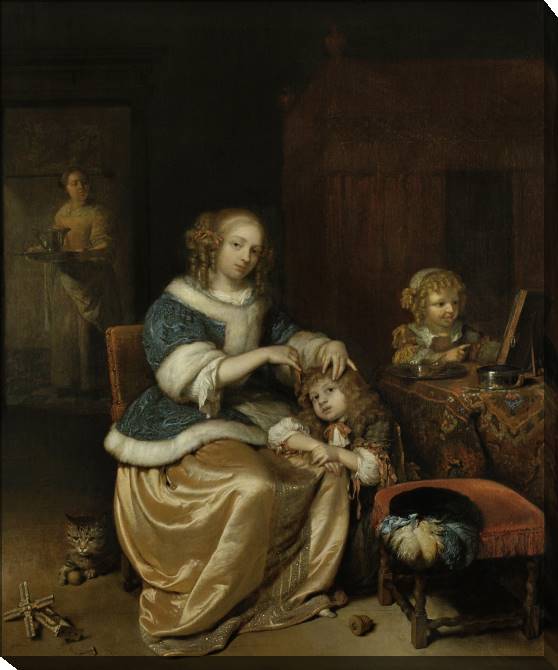 Картины на холсте Interior with a mother combing child's hair (Caspar Netscher)